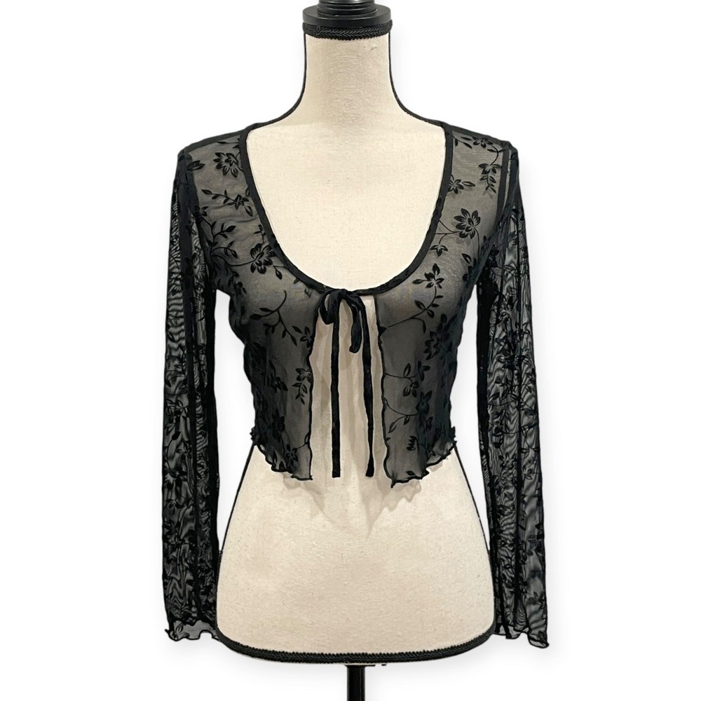 Whimsigoth Fairy Grunge Sheer Cropped Lettuce Hem Shrug Womens XS Floral Mesh